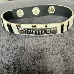 'Blessed' Zebra Print Faux Fur Snap Bracelet - Black / White with Silver Plate